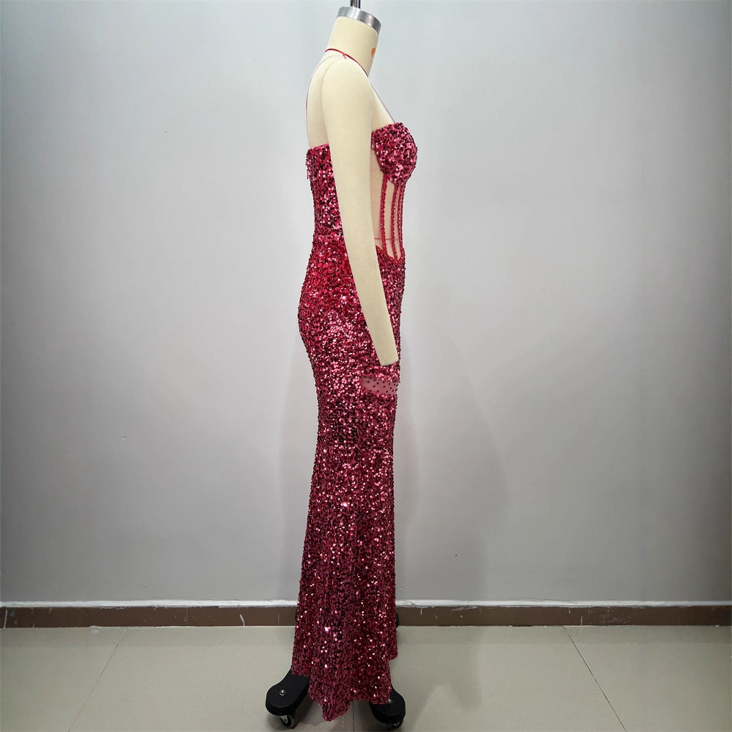 Sexy Sequined Sleeveless Halter Heavy Work Fitted Slimming Red Carpet Party Performance Gathering Dress