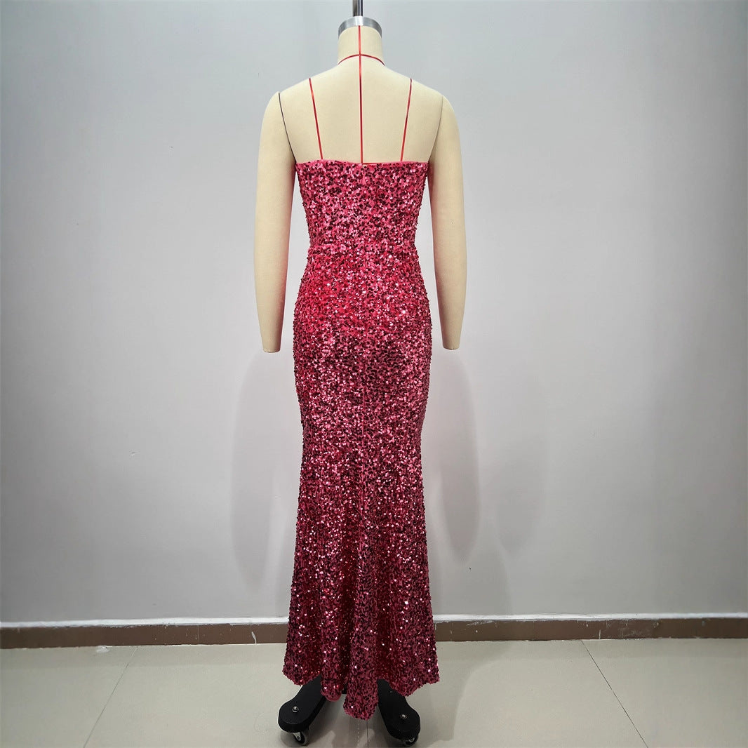 Sexy Sequined Sleeveless Halter Heavy Work Fitted Slimming Red Carpet Party Performance Gathering Dress