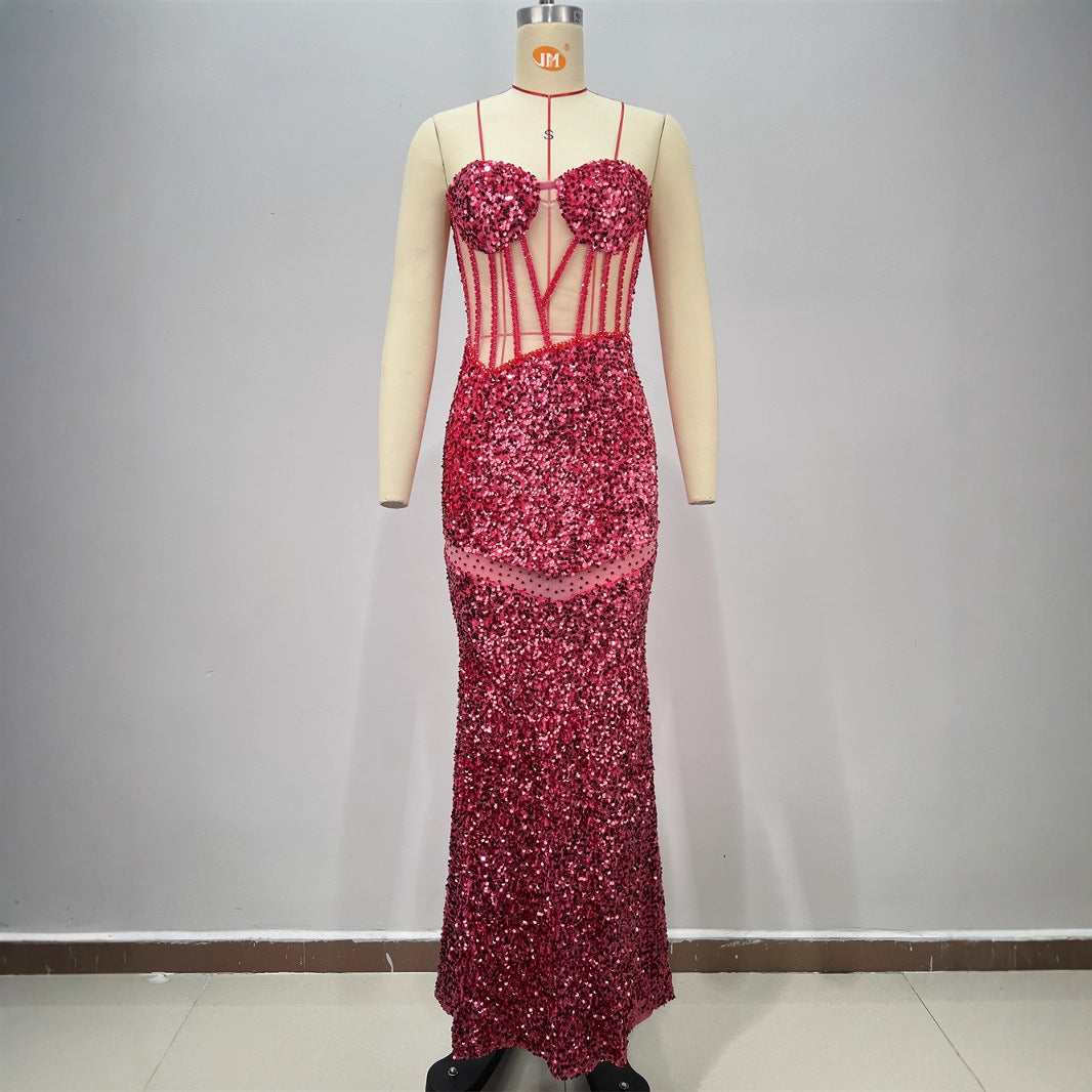 Sexy Sequined Sleeveless Halter Heavy Work Fitted Slimming Red Carpet Party Performance Gathering Dress