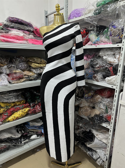 Design Asymmetric Shoulder Long Sleeve Dress Women Zebra Pattern Waist-Cinching