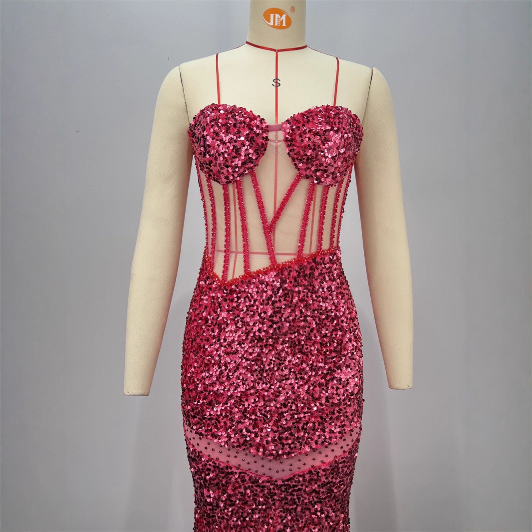Sexy Sequined Sleeveless Halter Heavy Work Fitted Slimming Red Carpet Party Performance Gathering Dress