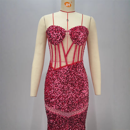 Sexy Sequined Sleeveless Halter Heavy Work Fitted Slimming Red Carpet Party Performance Gathering Dress