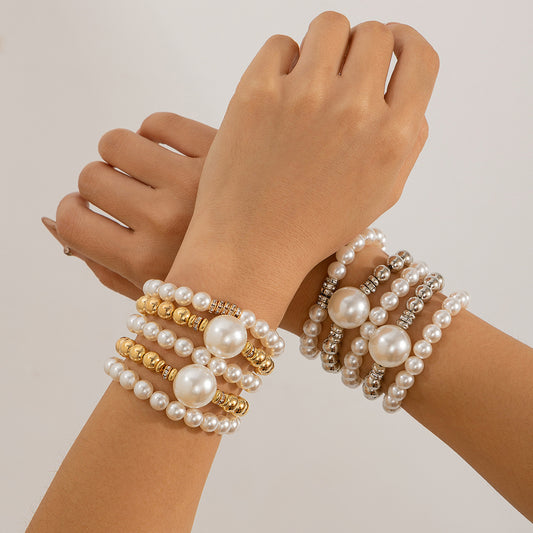 Exaggerated pearl layered bracelet set with creative temperament Bracelet large round beads and micro inlaid decoration