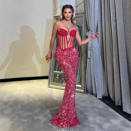 Sexy Sequined Sleeveless Halter Heavy Work Fitted Slimming Red Carpet Party Performance Gathering Dress