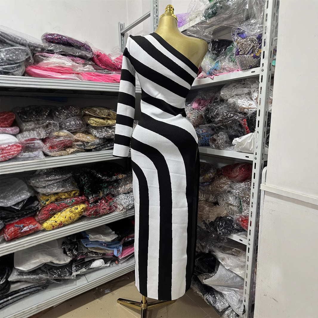 Design Asymmetric Shoulder Long Sleeve Dress Women Zebra Pattern Waist-Cinching