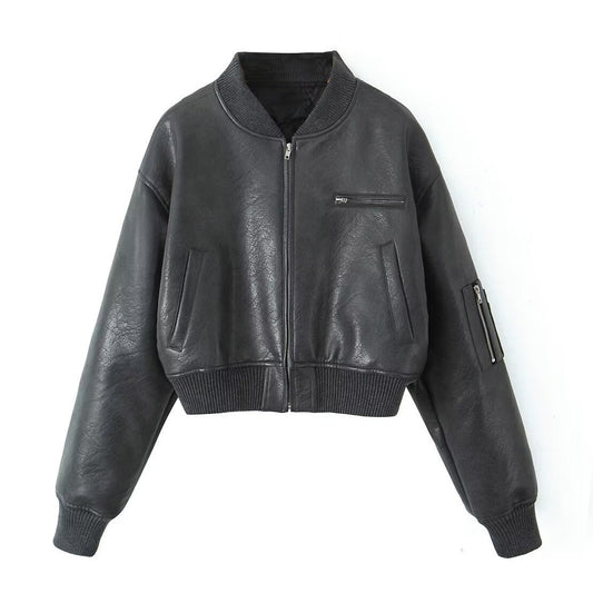 American retro zipper jacket for women with cotton insulation and loose long sleeves