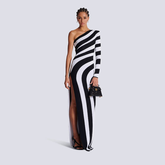Design Asymmetric Shoulder Long Sleeve Dress Women Zebra Pattern Waist-Cinching