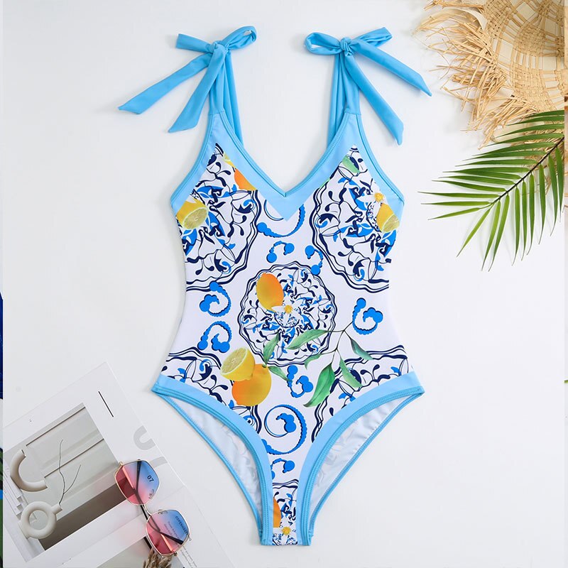 Sexy Blue One Piece Swimsuit Skirt Summer Women  Print Swimwear Beachwear