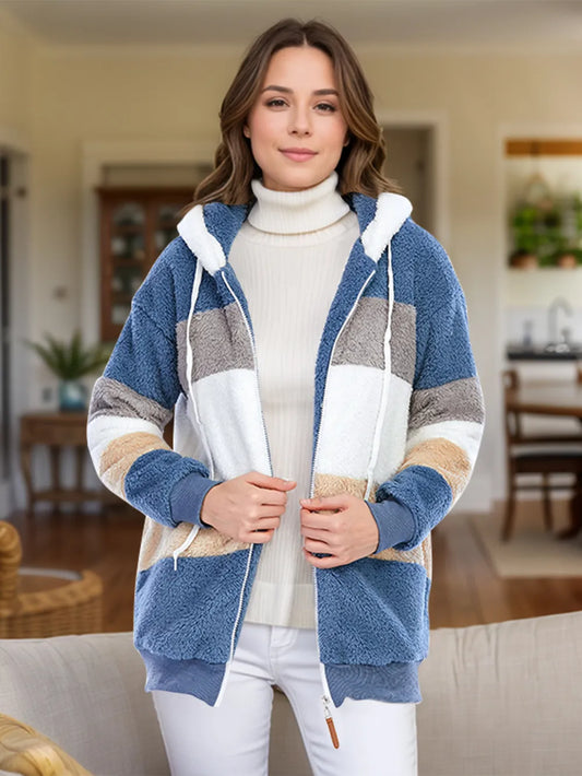 Autumn and winter loose plush multi-color hooded jacket for women