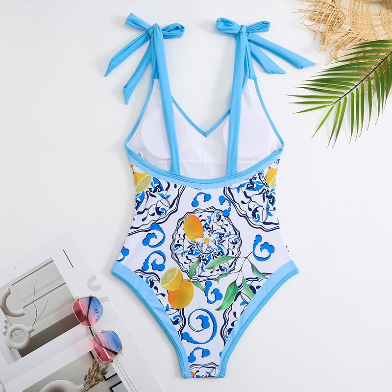 Sexy Blue One Piece Swimsuit Skirt Summer Women  Print Swimwear Beachwear