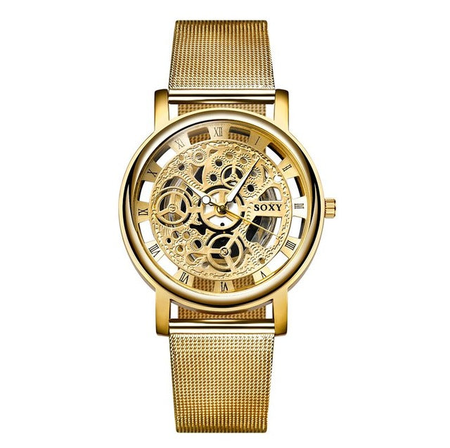 Luxury Skeleton Men Watch Women Wrist Watches Fashion Montre Homme Gold Wrist Watch Men Steel Mesh Men's Watch