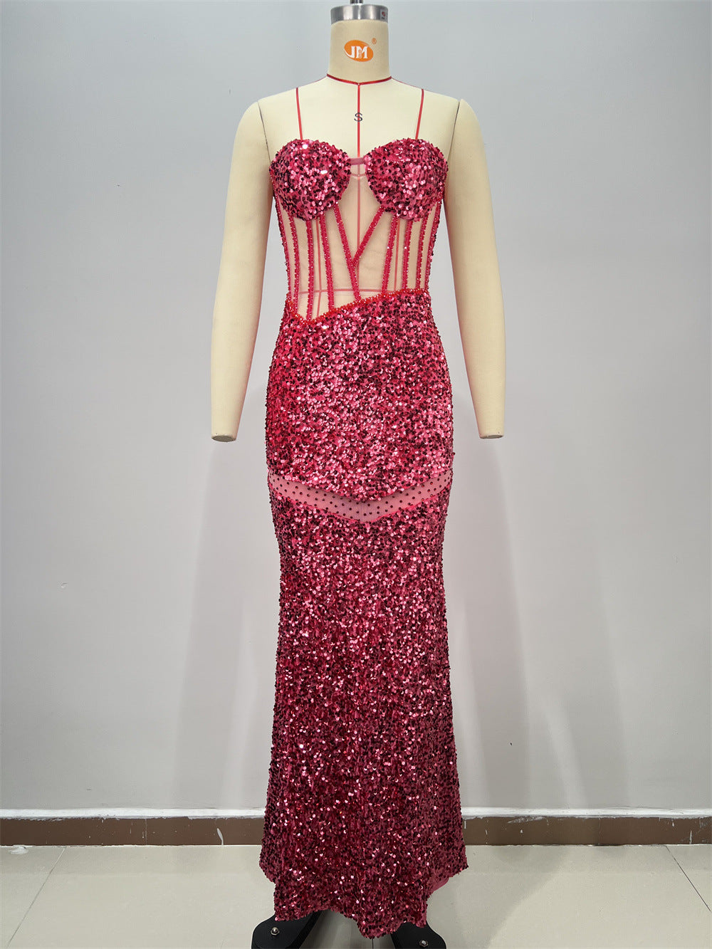 Sexy Sequined Sleeveless Halter Heavy Work Fitted Slimming Red Carpet Party Performance Gathering Dress
