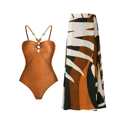 One Piece Swimwear Women Retro Print Biquini Skirt Cover Up