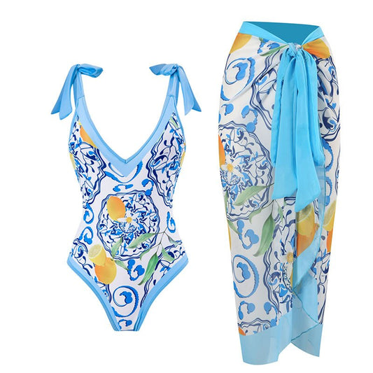 Sexy Blue One Piece Swimsuit Skirt Summer Women  Print Swimwear Beachwear