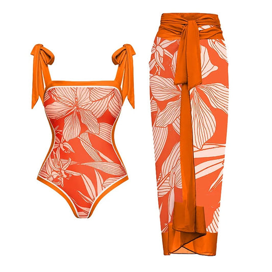 Fashion Colorblock Beach Swimwear Tie-shoulder Printed One Piece Swimsuit