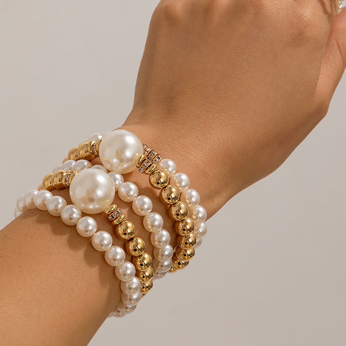 Exaggerated pearl layered bracelet set with creative temperament Bracelet large round beads and micro inlaid decoration