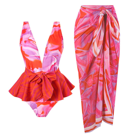 Rose Red Swimsuit Retro New One Piece Swimsuit Women's Deep