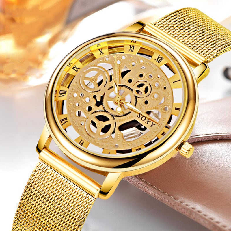 Luxury Skeleton Men Watch Women Wrist Watches Fashion Montre Homme Gold Wrist Watch Men Steel Mesh Men's Watch