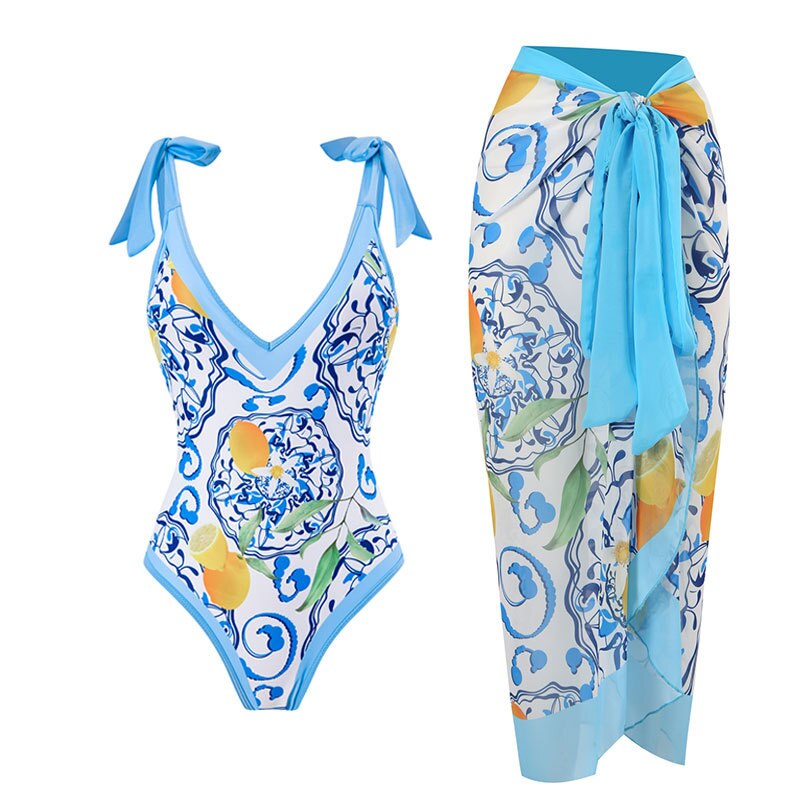 Sexy Blue One Piece Swimsuit Skirt Summer Women  Print Swimwear Beachwear