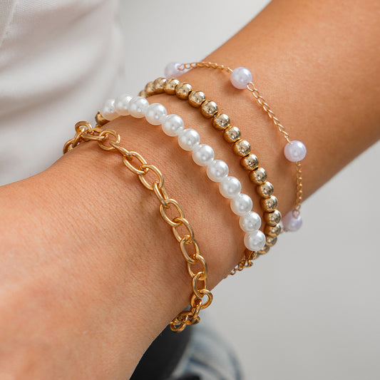 Fashionable Bracelet Beaded Bracelet Set with a Pearl like Style and Simple Multi layer Chain