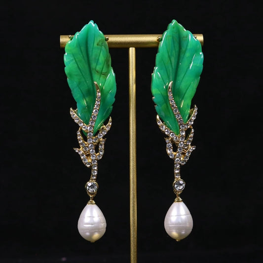 Green Leaves Long Pendant Baroque Style Earrings Pendant Accessories For Women