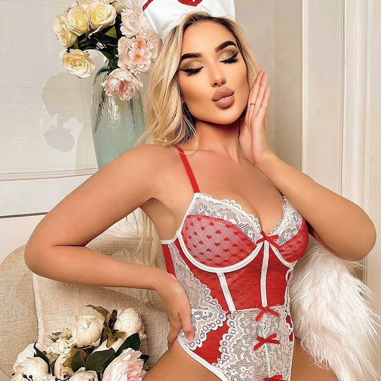 Sexy lingerie, shapewear, nurse's uniform, lace lace, bow, heart-shaped perspective sexy suit