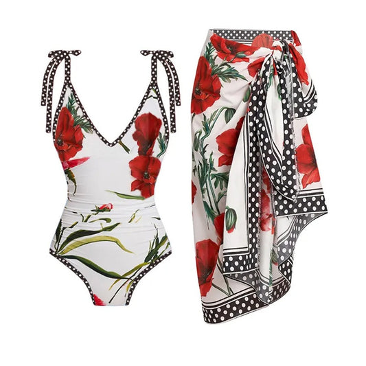 New printed one piece women's swimsuit set,retro belly covering and slimming swimsuit,