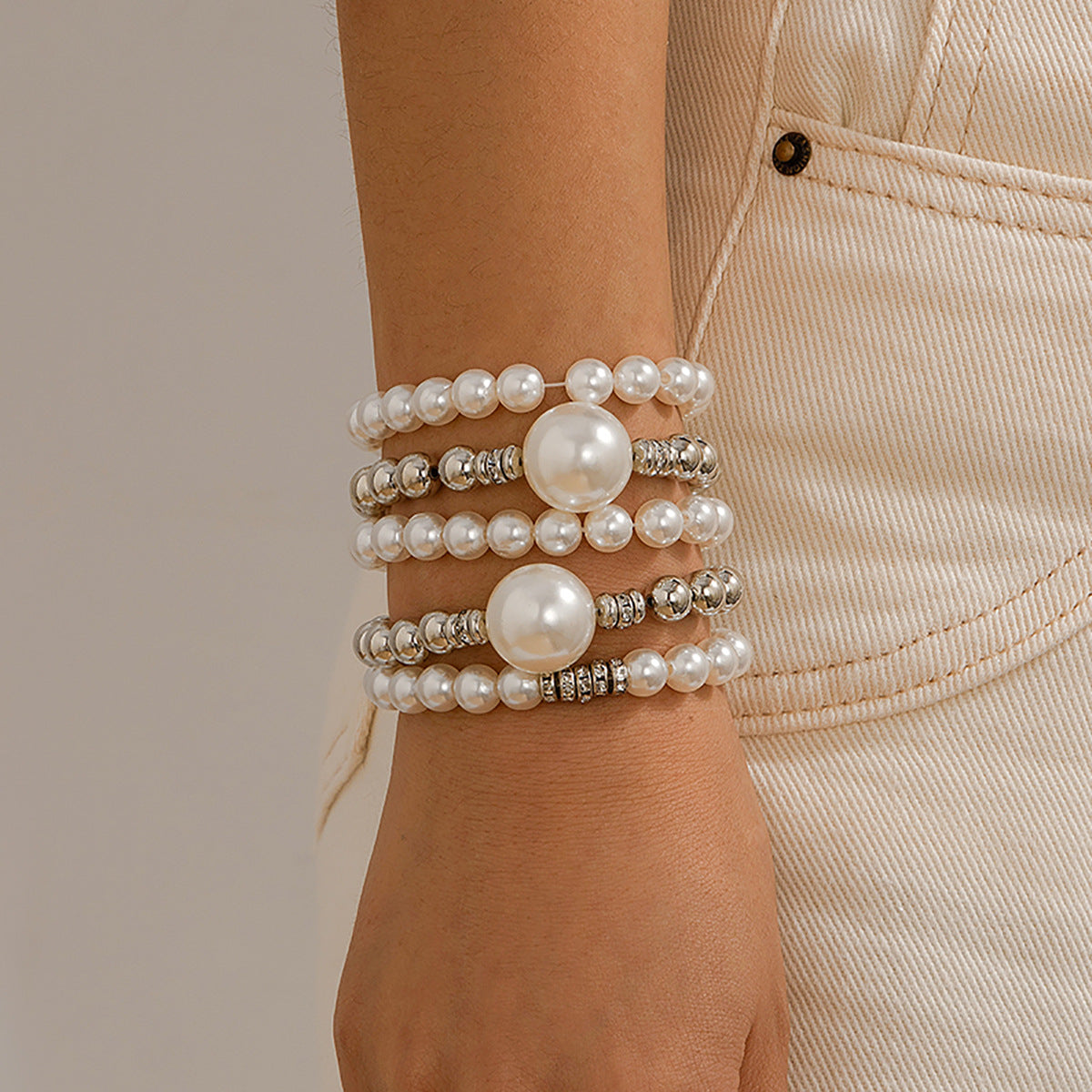 Exaggerated pearl layered bracelet set with creative temperament Bracelet large round beads and micro inlaid decoration