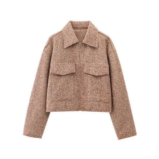 Autumn and winter new women's pearl leather short loose casual woolen coat