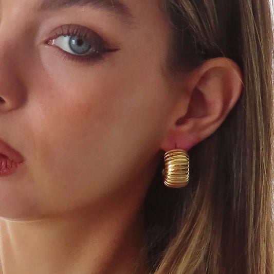 New Trend Waterproof Anti Allergic Metal Geometric Irregular  Earrings Gold Plated PVD Chunky Texture Zircon C Ear Stud Hoop