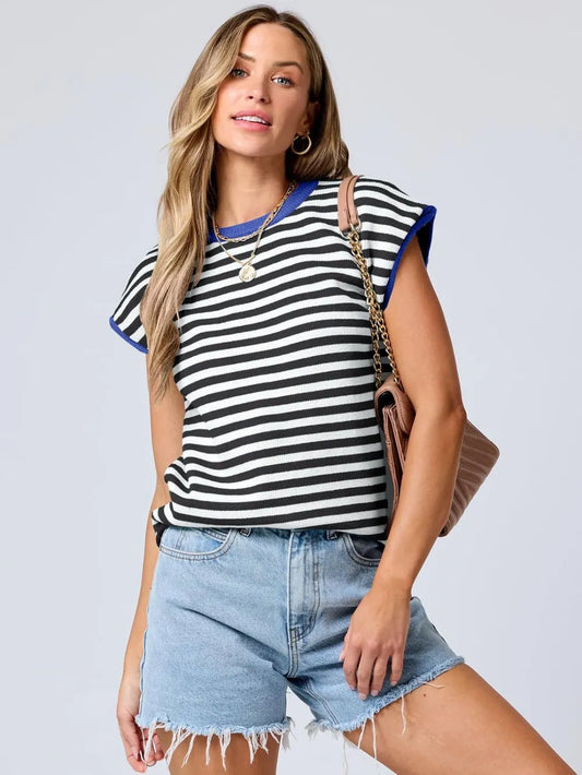 Round neck knitted top casual striped contrasting sweater