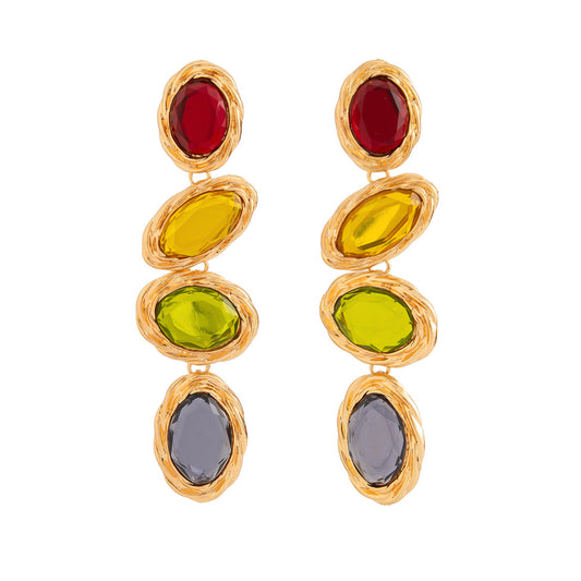 Vintage colored gemstone pendant earrings with Bohemian style alloy tassel