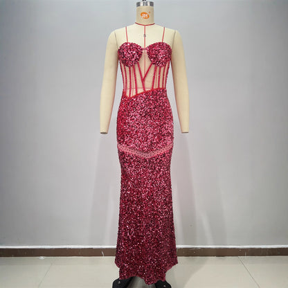 Sexy Sequined Sleeveless Halter Heavy Work Fitted Slimming Red Carpet Party Performance Gathering Dress