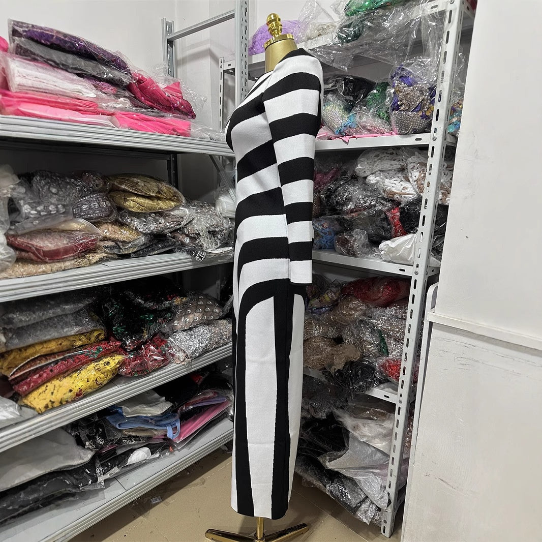 Design Asymmetric Shoulder Long Sleeve Dress Women Zebra Pattern Waist-Cinching